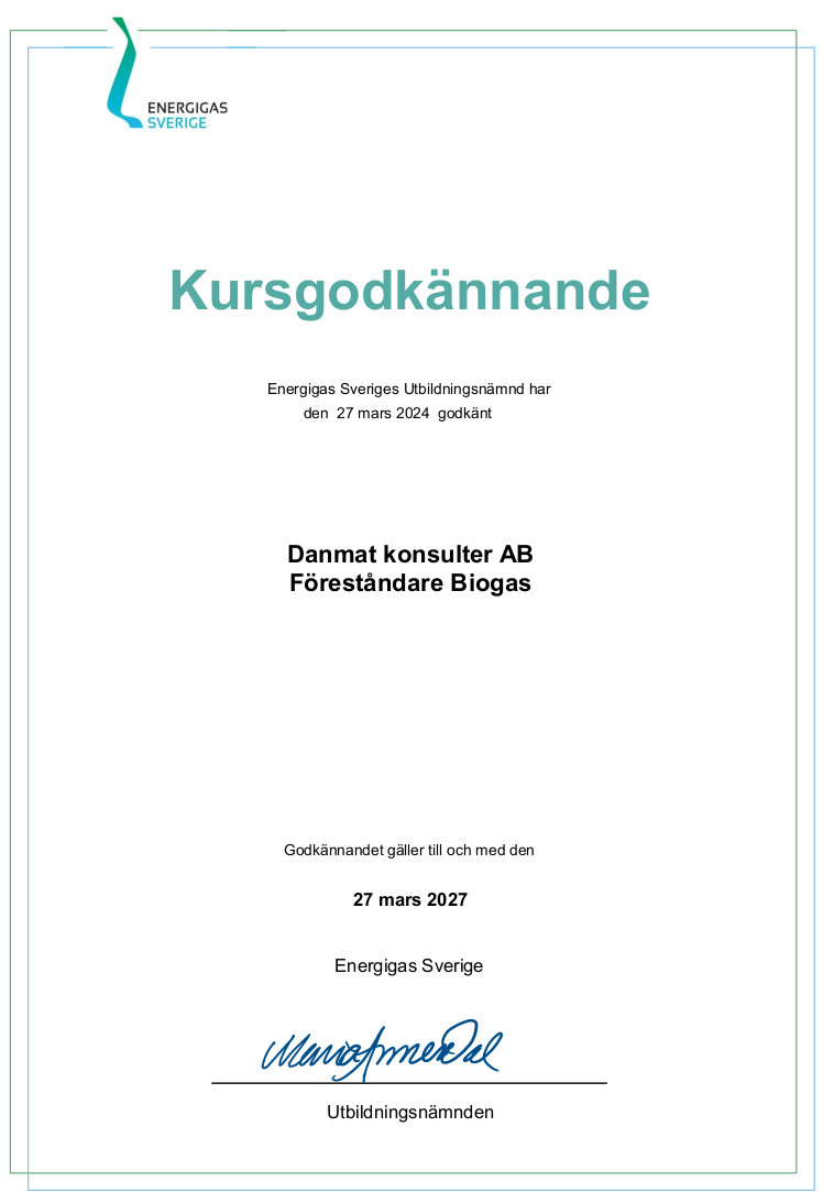 Kursgodkännande biogas Danmat 270305